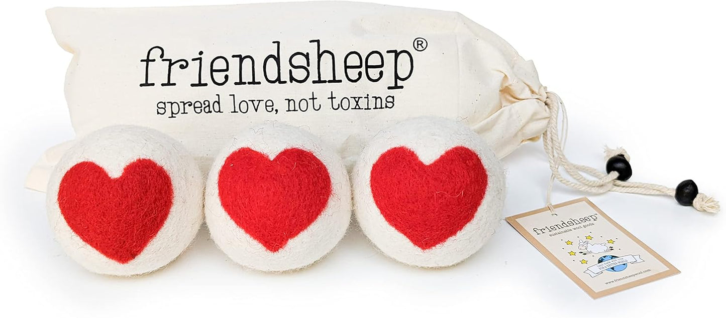 Friendsheep Wool Dryer Balls, Organic Reusable Fabric Softener Alternative for Laundry, Handmade, Fair Trade, Hypoallergenic, Eco-Friendly, Plastic-Free (3 Pack XL – Red Heart )