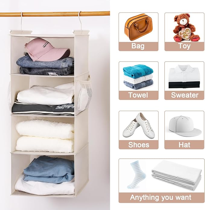 MAX Houser 4 Tier Shelf Hanging Closet Organizer, Space Saver,Closet Hanging Shelf with 2 Sturdy Hooks for Storage, Foldable (Beige)