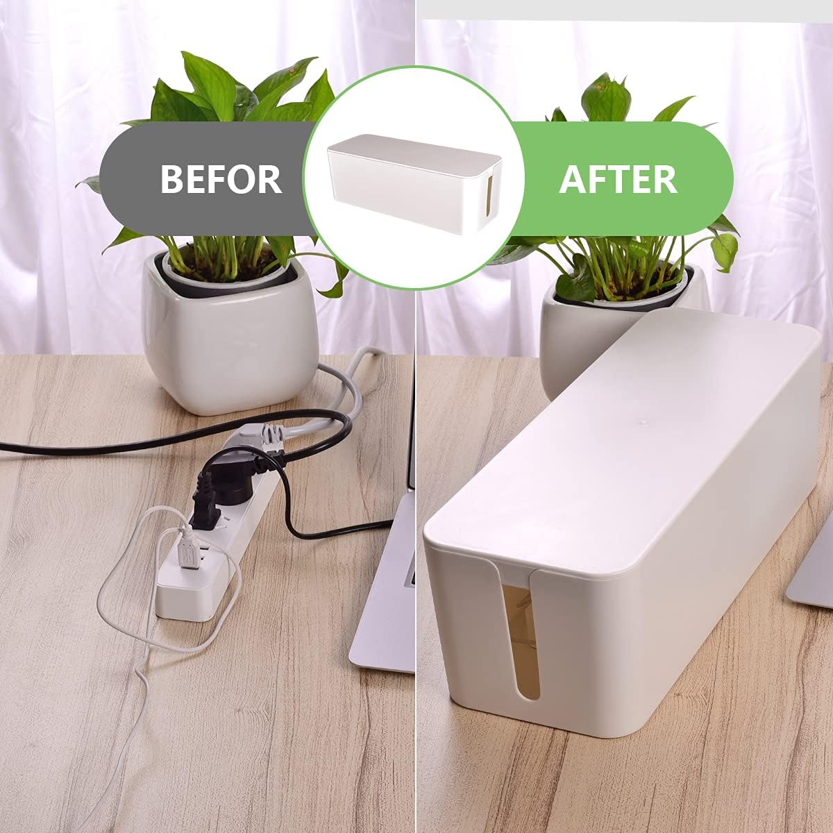 Cable Management Box, Large Cord Organizer Box to Hide Power Strip & Under Desk,TV Computer Wires Cable Organizer Hider Box with Cable Clips&Reusable Cable Ties for Home/Office(White)