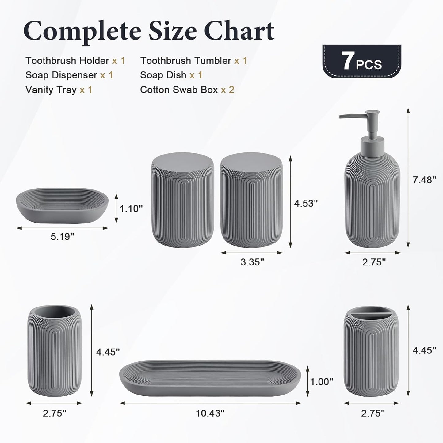 Bathroom Accessories Set - 7-Piece Resin Bathroom Set, Toothbrush Holders Set, Soap Dispenser, Qtip Holder Dispenser, Tumbler, Soap Dish & Tray, Modern Bath Decor for Home Dorm Hotel (Grey)