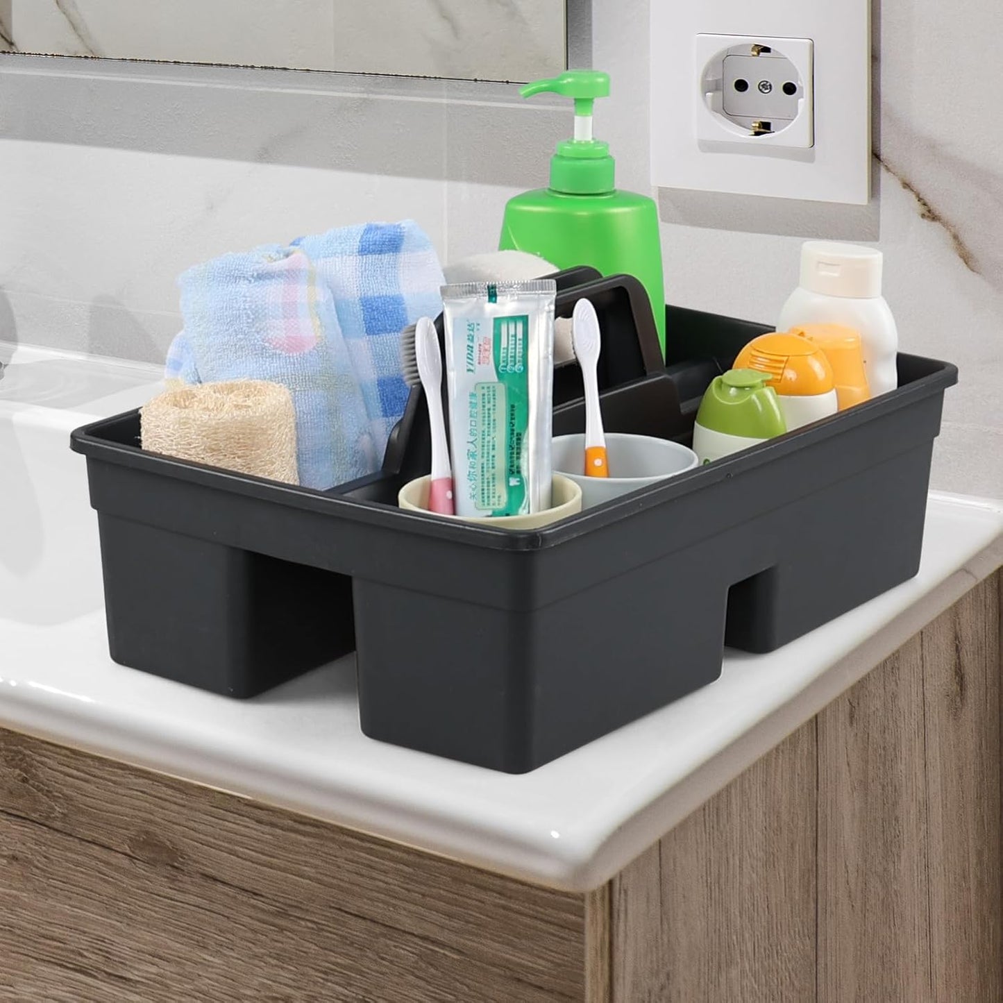 Set of 6 Plastic 3 Compartments Cleaning Supplies Caddy with Handle, Commercial Cleaning Caddy Organizer, Gray