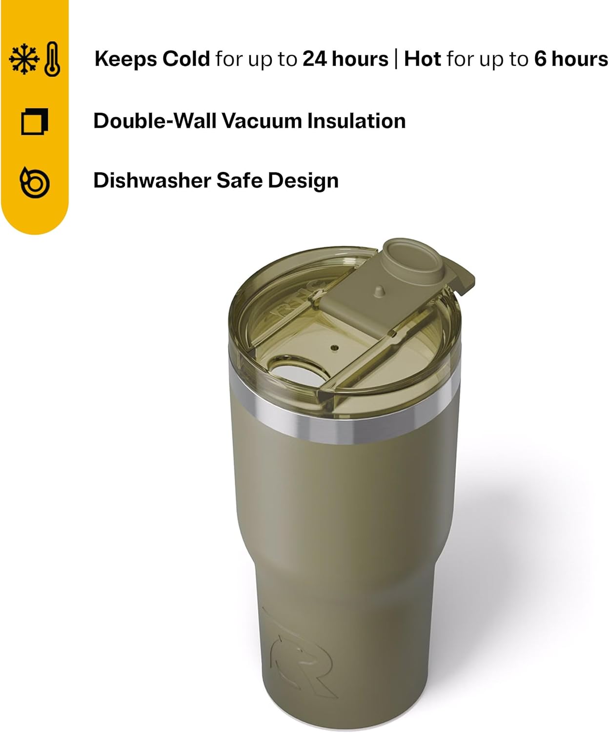 RTIC 20oz Essential Tumbler with Lid, Ceramic Lined, Insulated, Stainless Steel, Metal, Double Wall Vacuum-Insulation, Travel Cup for Iced Coffee, Tea, Hot and Cold Drink, Olive