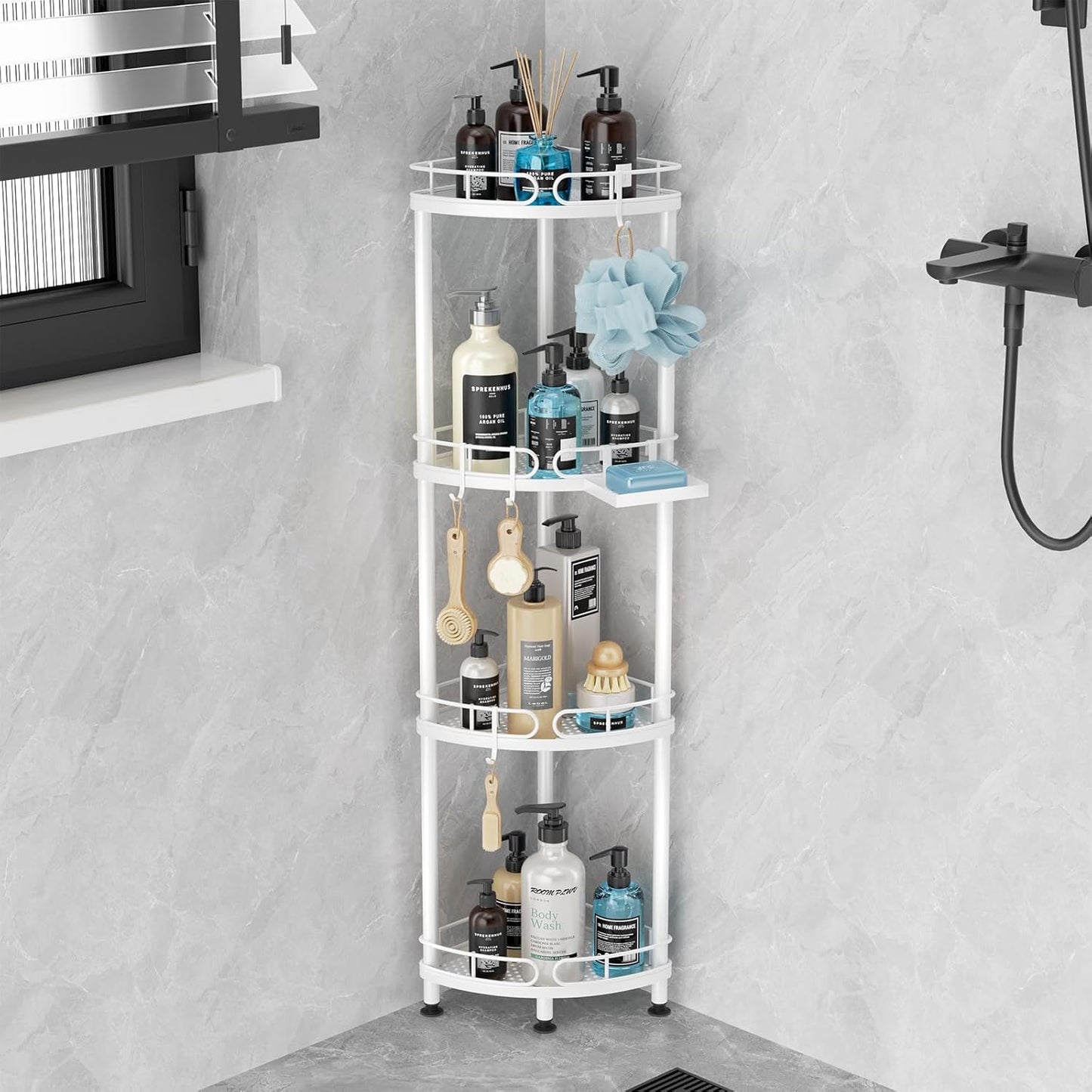 SWTYMIKI Corner Shower Caddy Standing - 4 Tier Stainless Steel Shower Organizer Stand with 4 Hooks & Soap Holder, Rustproof Metal Standing Tall Floor Shower Shelf and Bathroom Organizer, White