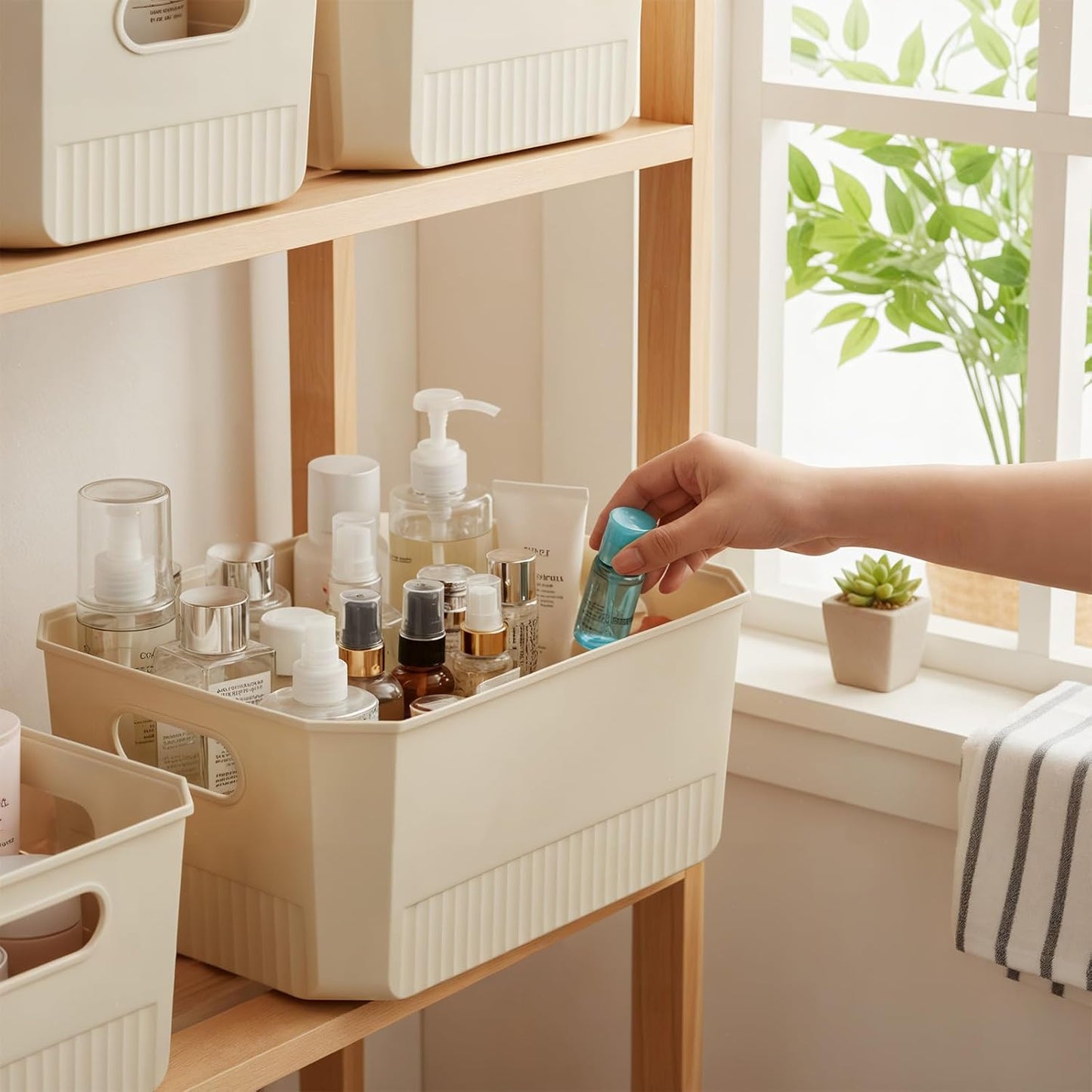 ANMINY 12PCS Plastic Storage Bins Containers with Lids, Large Storage Organization Bins Boxes, Lidded Plastic Storage Baskets for Closet Shelves Drawers Desktop Home Office, Ivory