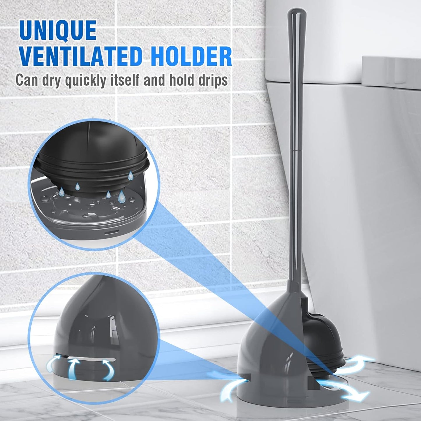 uptronic 2 Pack Toilet Plunger with Holder, Unique Plunger with All-Angle Design, Plungers for Bathroom for 5.7-inch Toilet Drain, Toilet Plunger Heavy Duty (Grey)