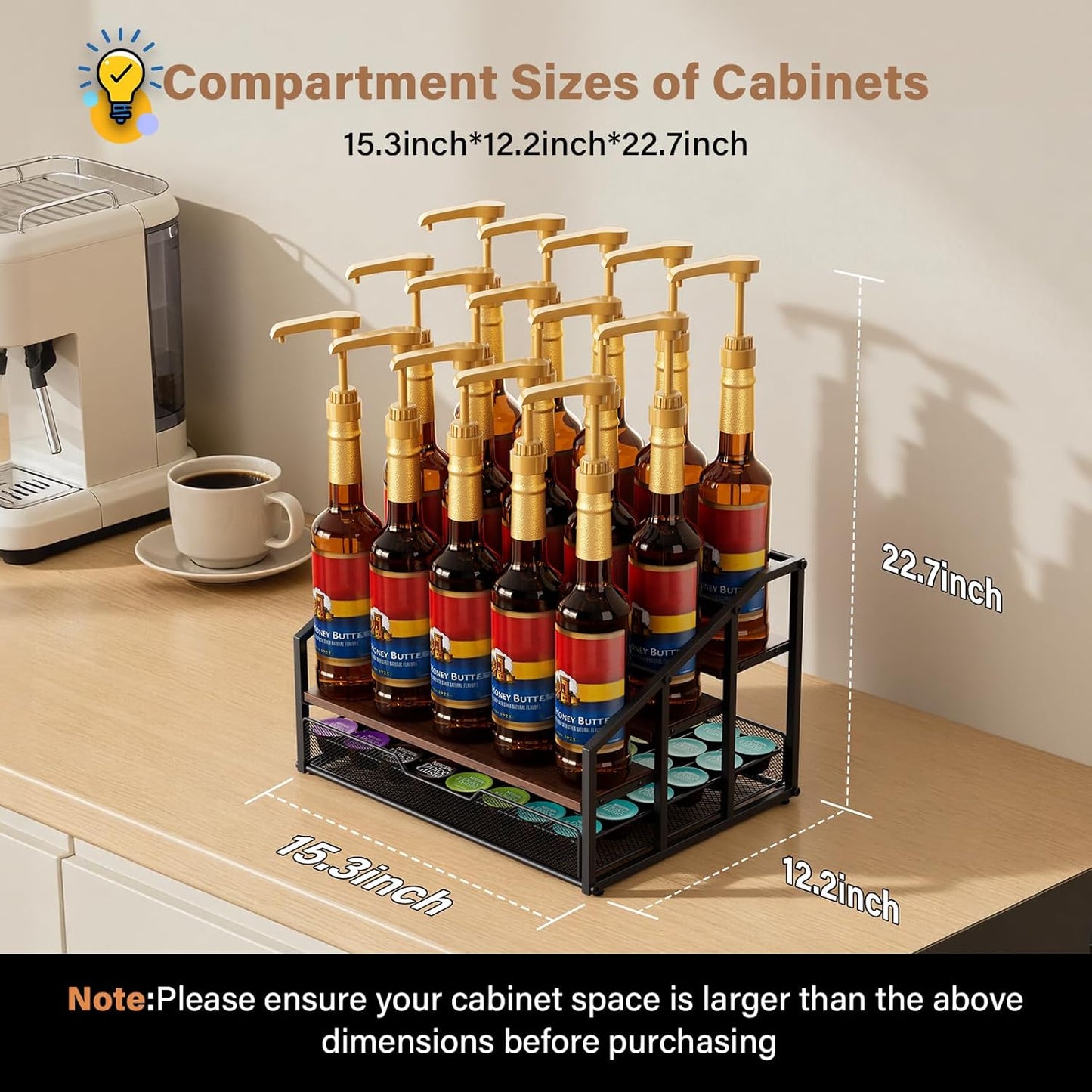 Coffee Syrup Rack Organizer, 4-Tier 12 Bottle Syrup Rack with 35 K Cup Drawer for Coffee Bar, Countertop Bottle Holder Stand for Dressing for Kitchen Cafe Station