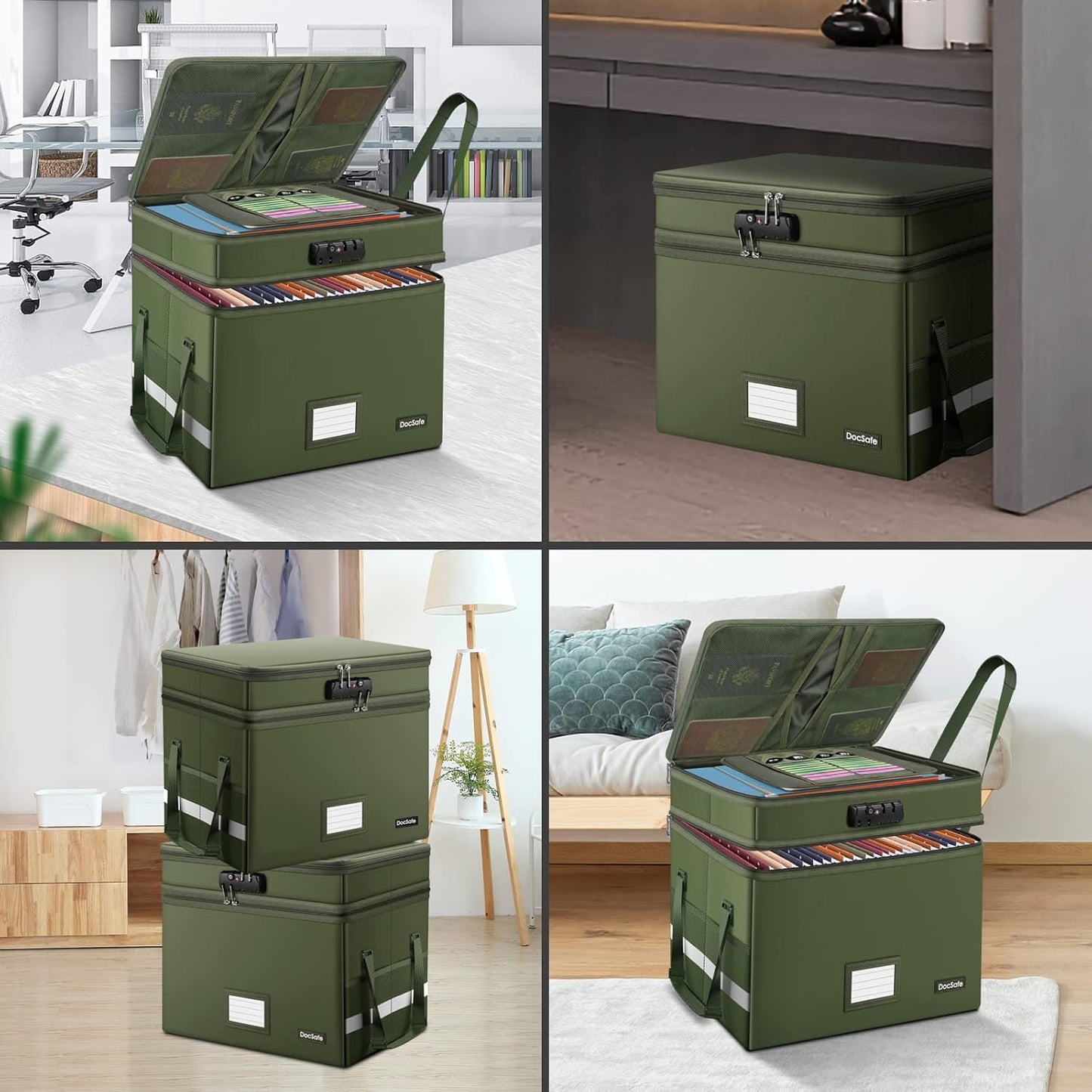 DocSafe File Box with Lock,Multi-Layer Fireproof Document Box Collapsible File Storage Organizer with Pockets/Handle,Portable Home Office Filing Cabinet for Hanging Letter/Legal Size Folders,Green