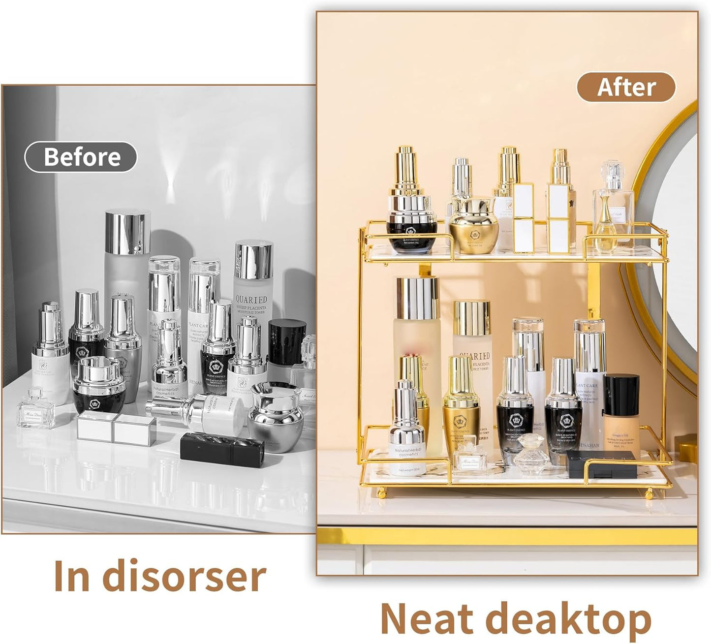 2 Tier Bathroom Cabinet Countertop Organizer Perfume Lipstick Makeup Organizer Cosmetics Storage Display Rack Vanity Tray Metal Dresser Storage Shelf White Marble Ceramic Tray Golden