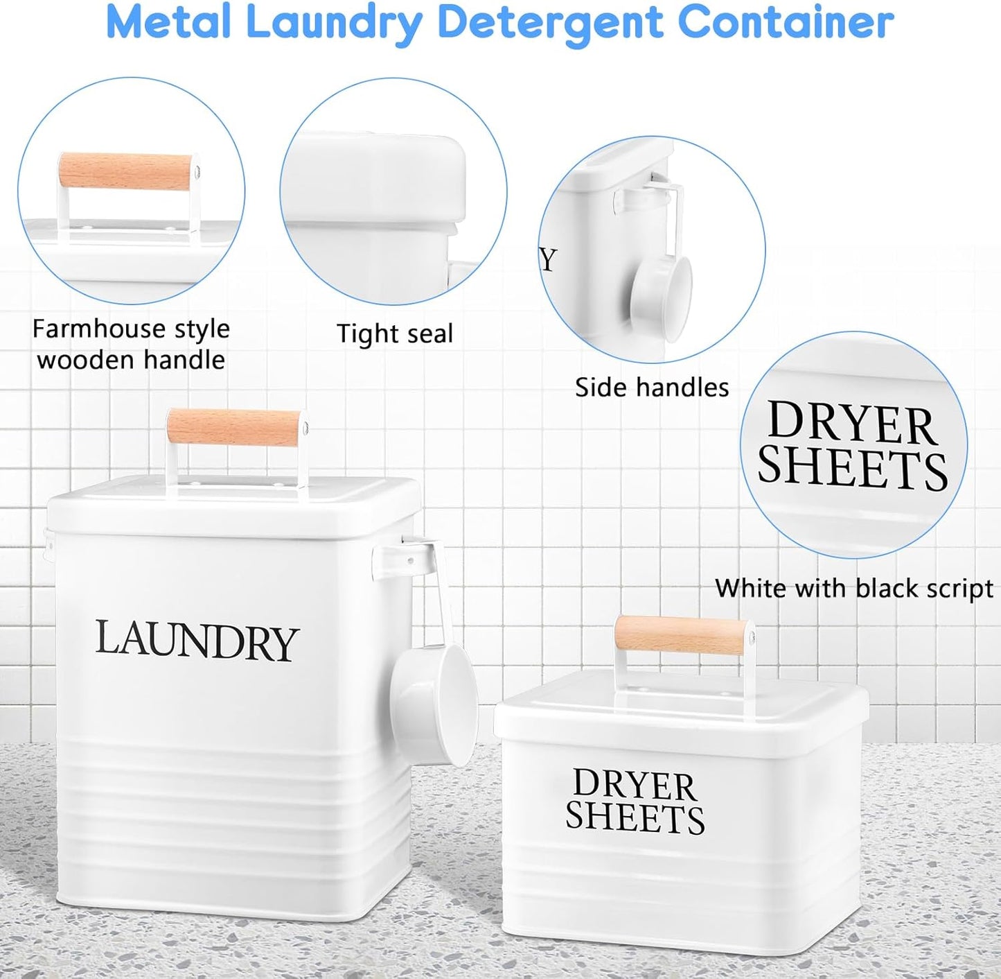 Metal Laundry Powder Container with Dryer Sheet Holder Modern Farmhouse Laundry Detergent Container with 1 Spoon Fabric Softener Dispenser with Lid for Space Saving Room Organization and Decor, White