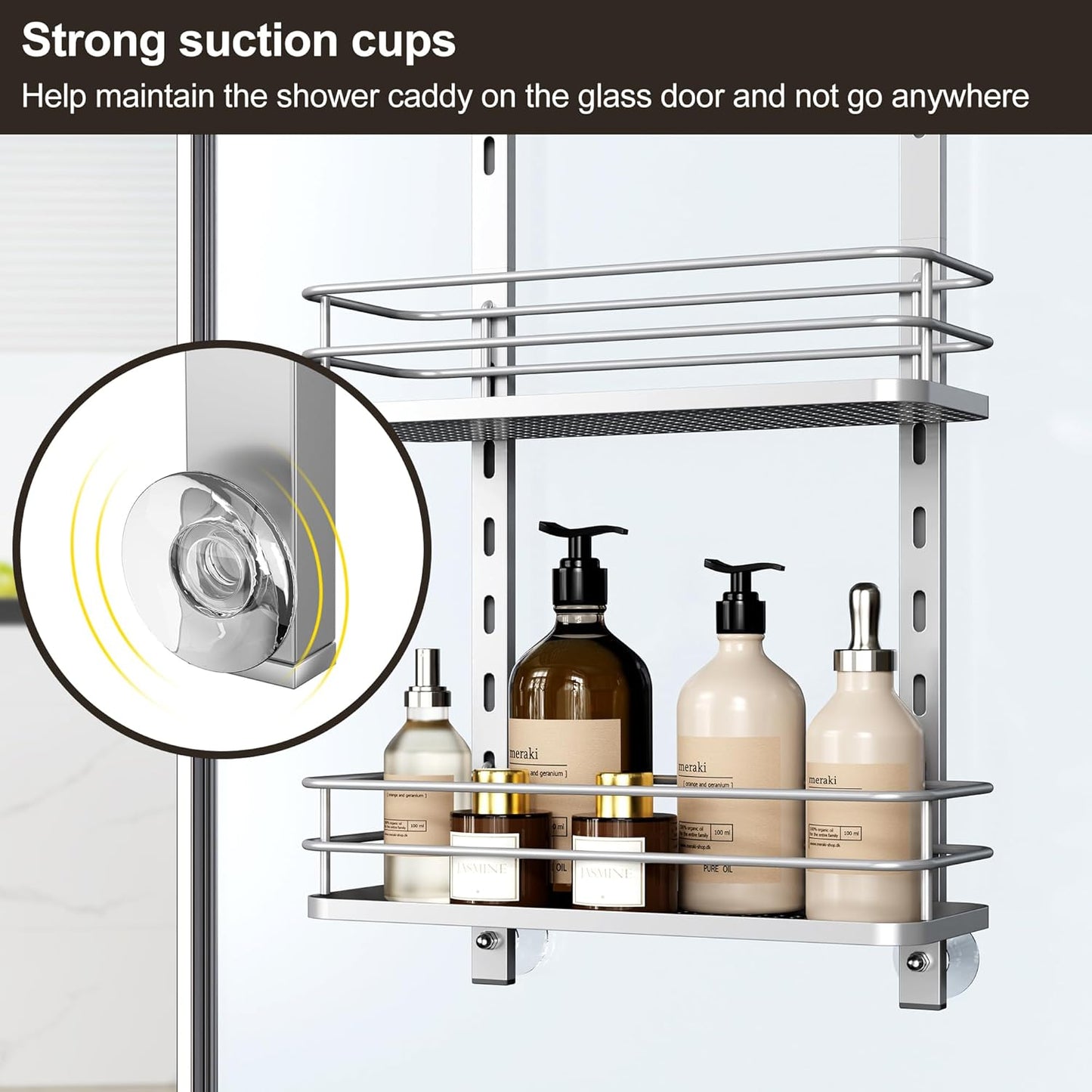 Orimade Over the Door Shower Caddy Adjustable 5 Tier Silver,Bathroom Hanging Organizer Shelf Rustproof with 4 Hooks,Shower Basket with Soap Holder and Suction Cup Bathroom