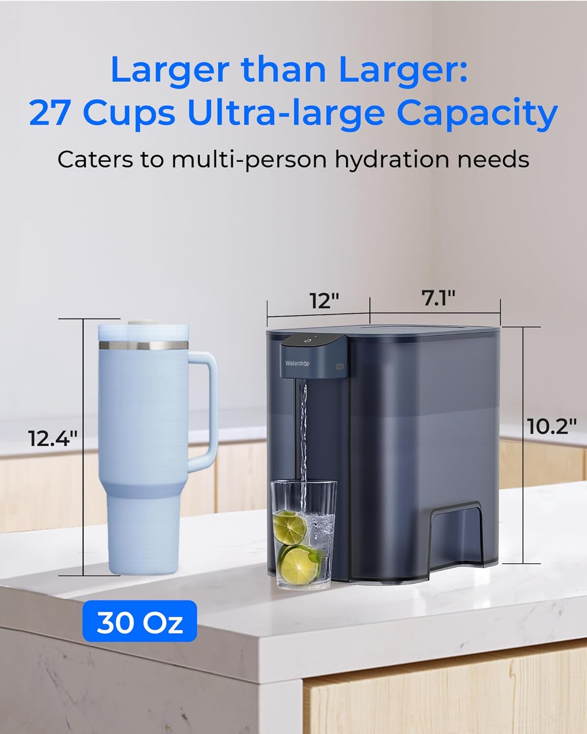 Waterdrop Large 27-Cup Mega Electric Water Filter Dispenser, 200-Gallon Rechargeable Instant Pitcher, NSF/ANSI 42&53&401&372, Reduce PFAS, Lead, Chlorine, with 1 Filter, Blue, Does not Lower TDS