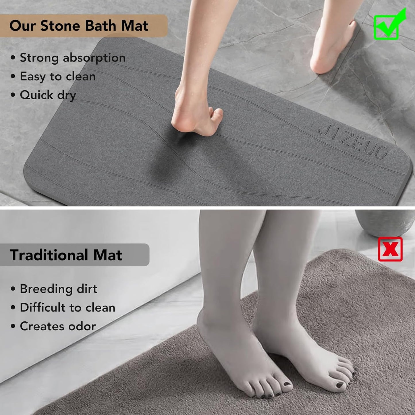 Stone Bath Mat, Set of 3,Diatomaceous Earth Shower Mat, Non-Slip Super Absorbent Quick Drying Bath Mat for Bathroom Floor, Grey