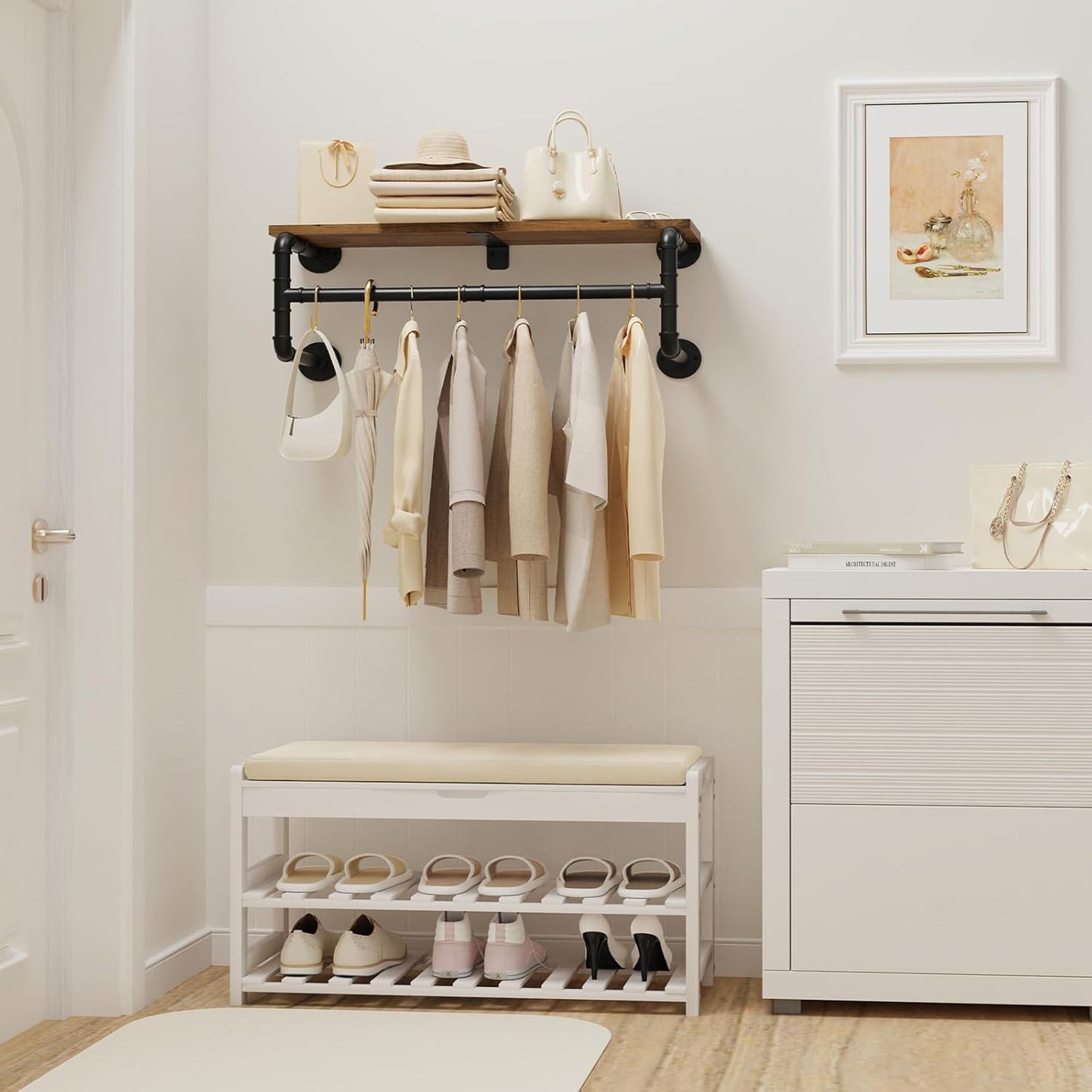 Yawinhe Industrial Pipe Clothes Rack with Top Shelf, Wall Mounted, Space Saving Hanger with 4 Bases, for Shops, Homes, 27.5''Lx10.2''Wx10.2''H, Rustic Brown, 1-Pack