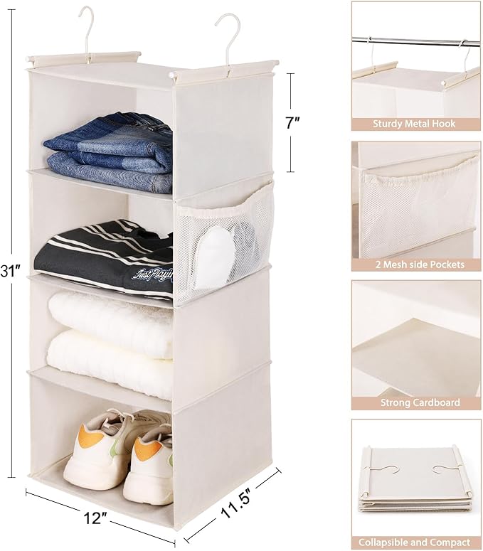 MAX Houser 4 Tier Shelf Hanging Closet Organizer, Space Saver,Closet Hanging Shelf with 2 Sturdy Hooks for Storage, Foldable (Beige)