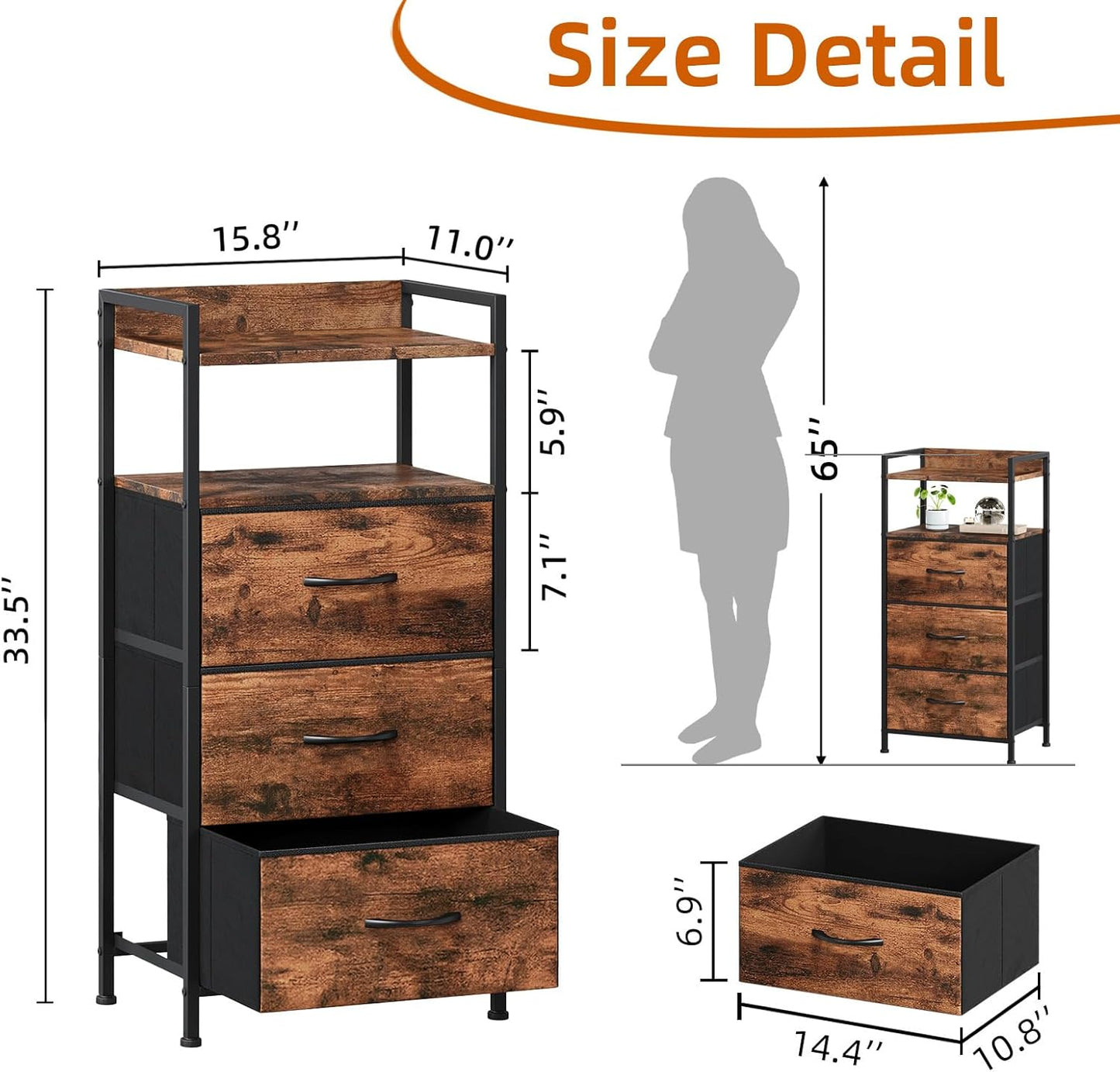 Somdot Nightstand with 3 Drawers, Dresser with Fabric Bins for Bedroom, Hallway, Entryway, Nightstand Bedside Table Furniture, Sturdy Steel Frame, Wooden Top, Easy Pull Fabric Bins, Wood Grain Print