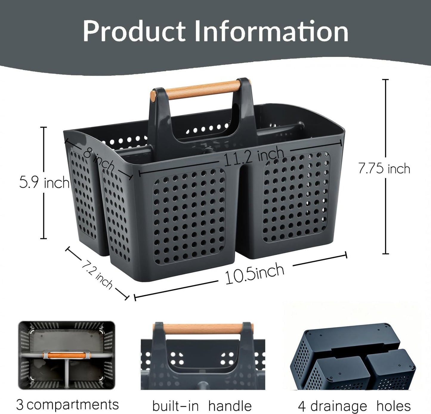 Portable Shower Caddy Basket with Compartments, Plastic Divided Cleaning Caddy Organizer Storage Tote with Handle for Bathroom, College, Dorm Room Essentials, Dark Gray