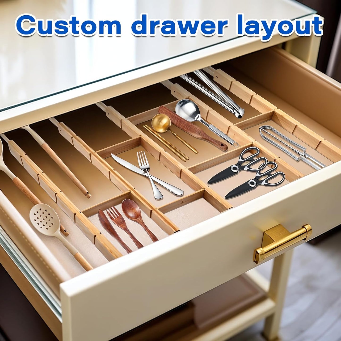 6 Pack Bamboo Drawer Dividers with 12 Inserts Expandable Adjustable 17" to 22" Drawer Organizers Separators for Kitchen, Bedroom, Home, Clothes, Dressers, Office