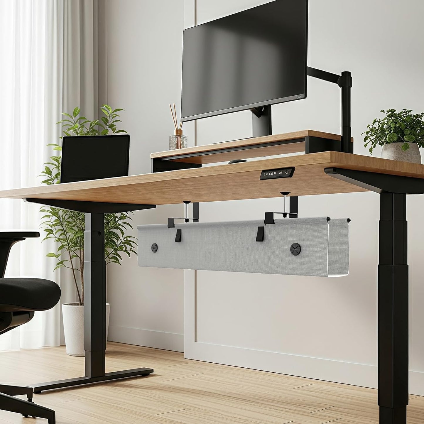 Under Desk Cable Management Tray, 30-inch No-Drill Cord Organizer with Anti-Sag Reinforced Base, Fabric Wire Management Hider for Standing Desk, Office & Gaming Accessories - Grey