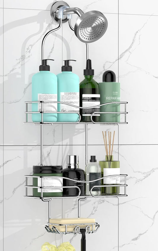 Shower Caddy - Organizer with 6 Hooks, Soap Basket & Self-Adhesive Pad, Silver