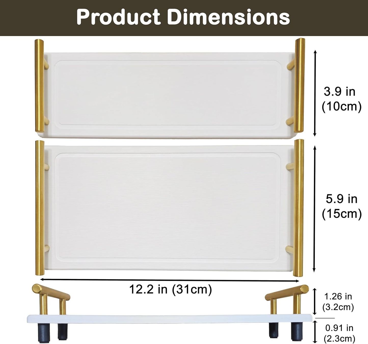2Pcs Instant Dry Sink Tray, Water Absorbing Stone Caddy, Stone Drying Tray with Metal Handle, Kitchen Sink Organizer, Fast Drying Diatomite (White & Gold Handle, Large & Small)