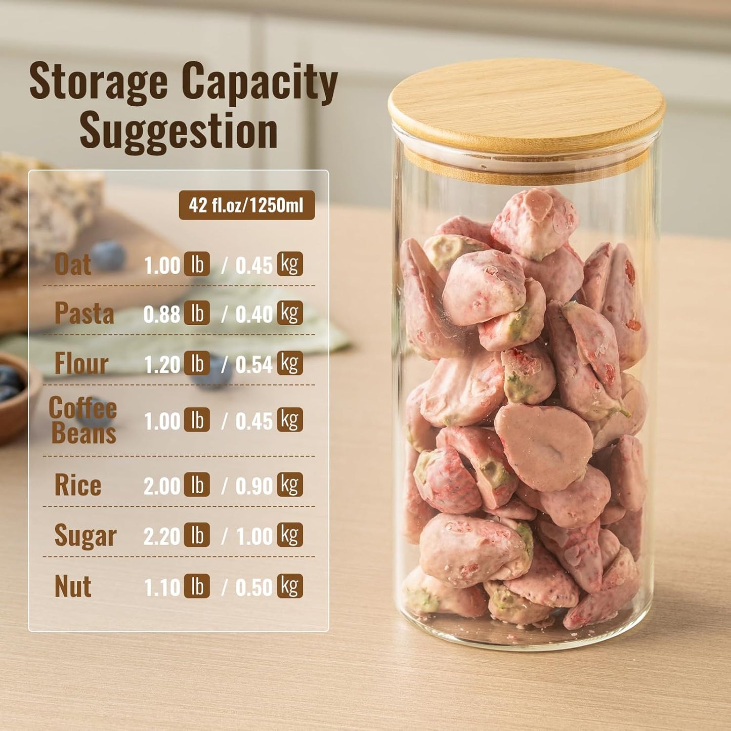 4 Pack 42oz Glass Jars with Bamboo Lids,Glass Storage Containers with Lids,Clear Airtight Food Storage Jar for Flour,Oat,Coffee,Tea,Sugar,Cookies,Pantry Organizers 3mm Thick Canisters