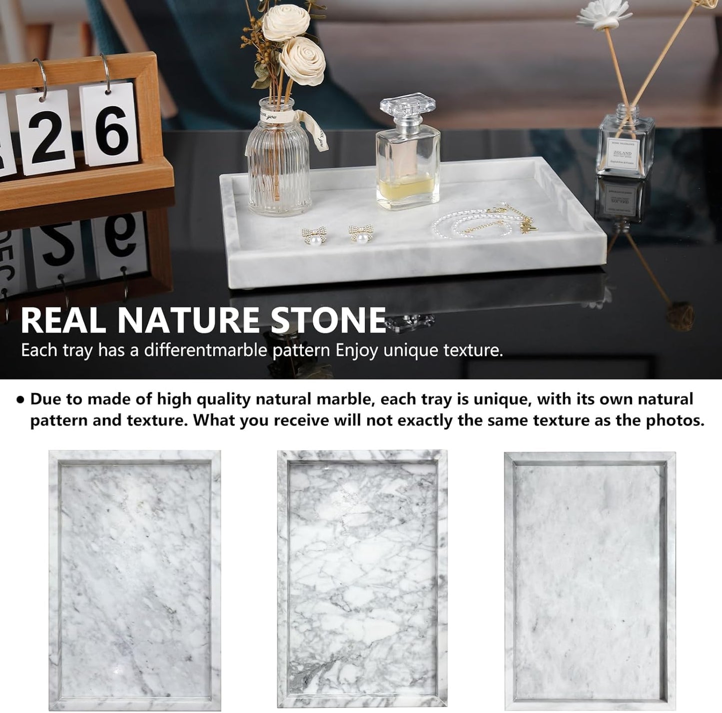 Real Natural Marble Tray for Bathroom, Vanity, Kitchen and Desktop, Rectangle Genuine Marble Stone Tray for Jewelry, Cosmetics, Candles, Lotion, Perfume and Home Decor
