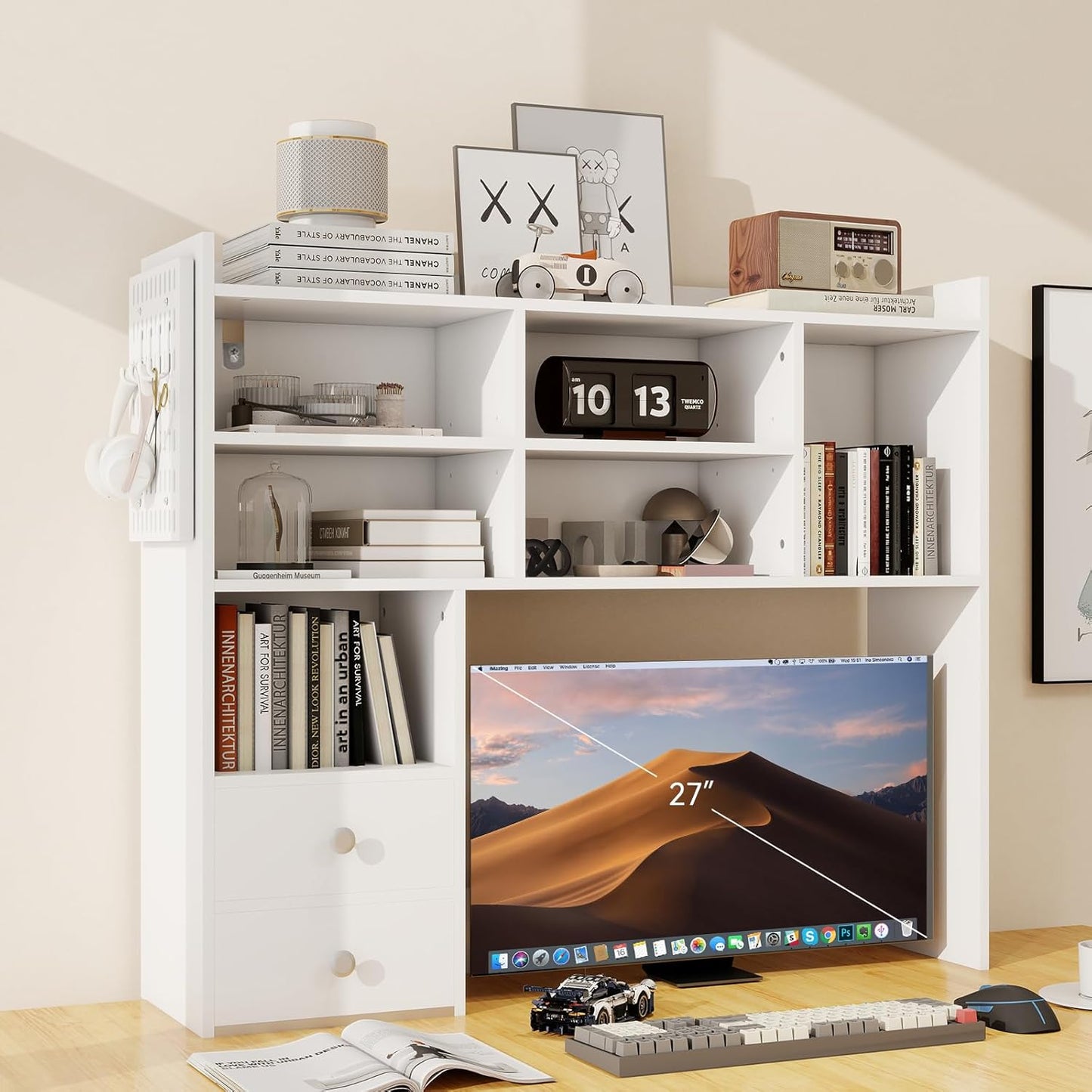 ELECWISH Desktop Bookshelf, Desk Shelf with 2 Drawers for Computer Desk, 36.22" 7-Tier Adjustable Desktop Hutch Organizer with Pegboard for Home Office, White