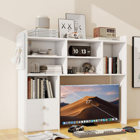 ELECWISH Desktop Bookshelf, Desk Shelf with 2 Drawers for Computer Desk, 36.22" 7-Tier Adjustable Desktop Hutch Organizer with Pegboard for Home Office, White