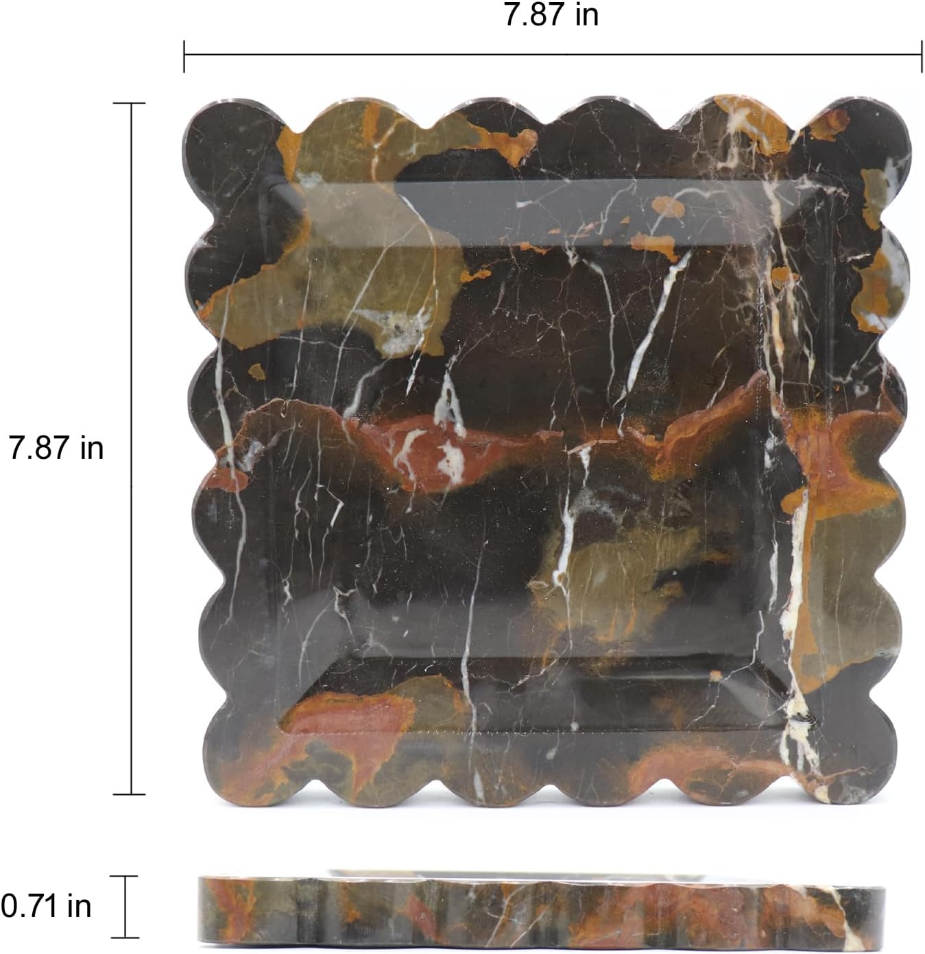 Square Marble Decorative Tray with Scalloped Edge, Luxury Natural Stone Bathroom Vanity Tray, Dresser Top Perfume Coffee Home Kitchen Sink Tray, Key Trinket Ring