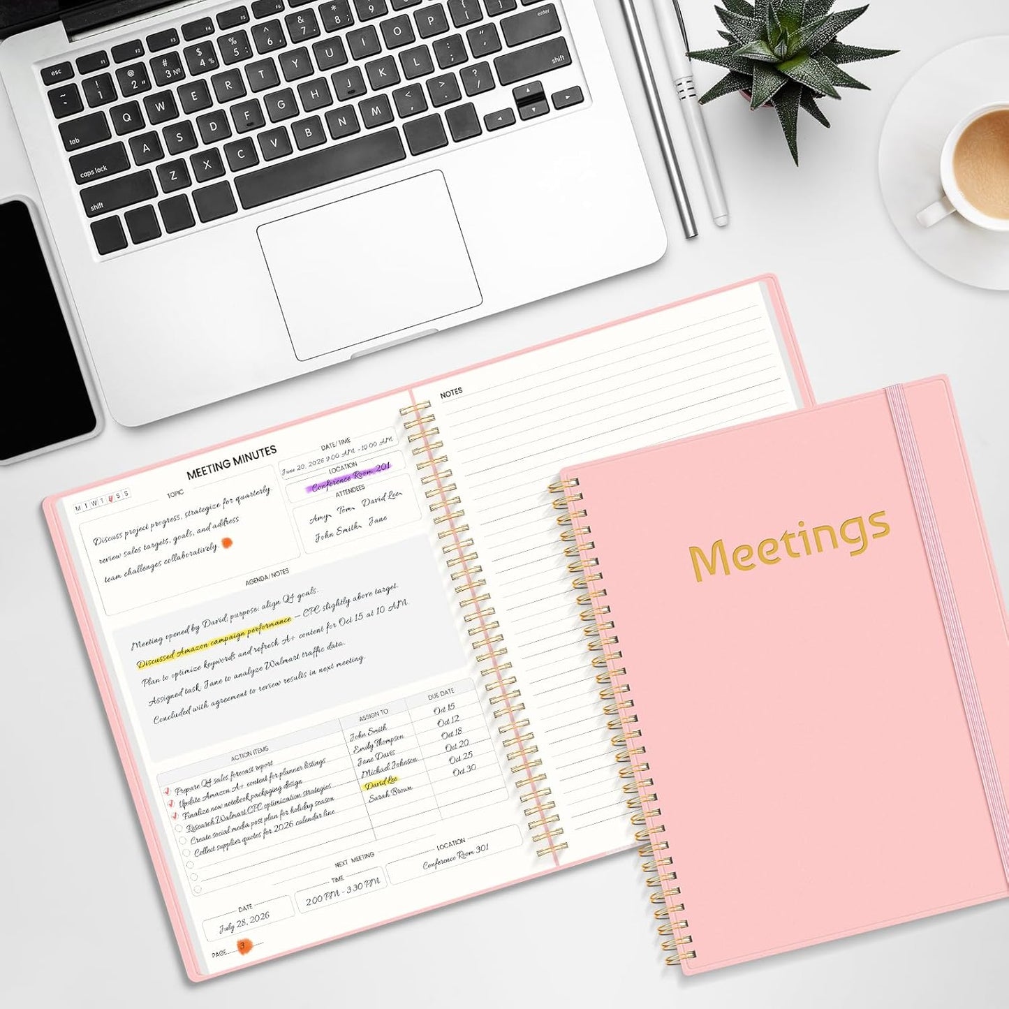 SUNEE Half Meeting Half Note 8.5"x11" Notebook for Work – 140 Pages, A4 Size Project Planner for Women&Men, Minutes Organizer for Meeting Notes, Ideas for Office/Business, PVC Waterproof Cover, Pink
