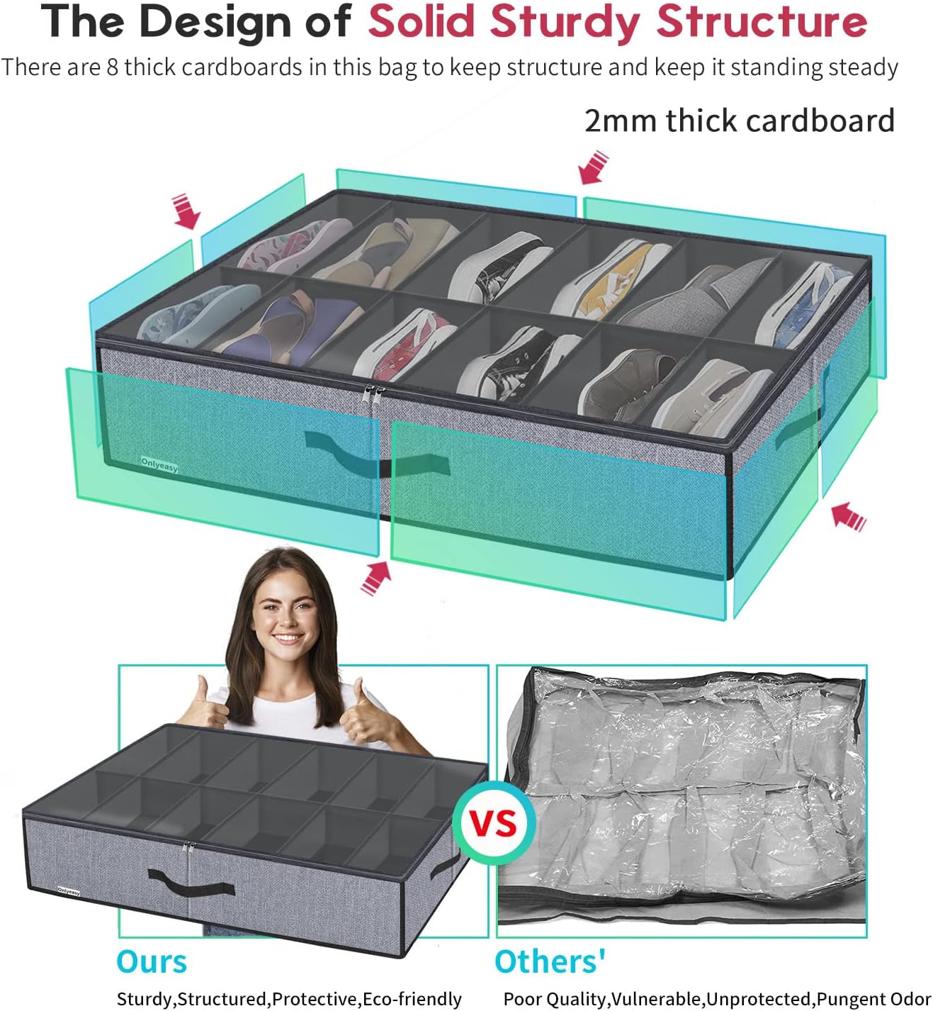 Onlyeasy Large Under Bed Shoe Organizer (6 to 12 Pairs x 2) - Underbed Shoes Closet Storage Solution with Metal Zipper and 2 Handles, Breathable, 29.3"x23.6"x5.9", Linen-like Grey, MXDUBSB2P