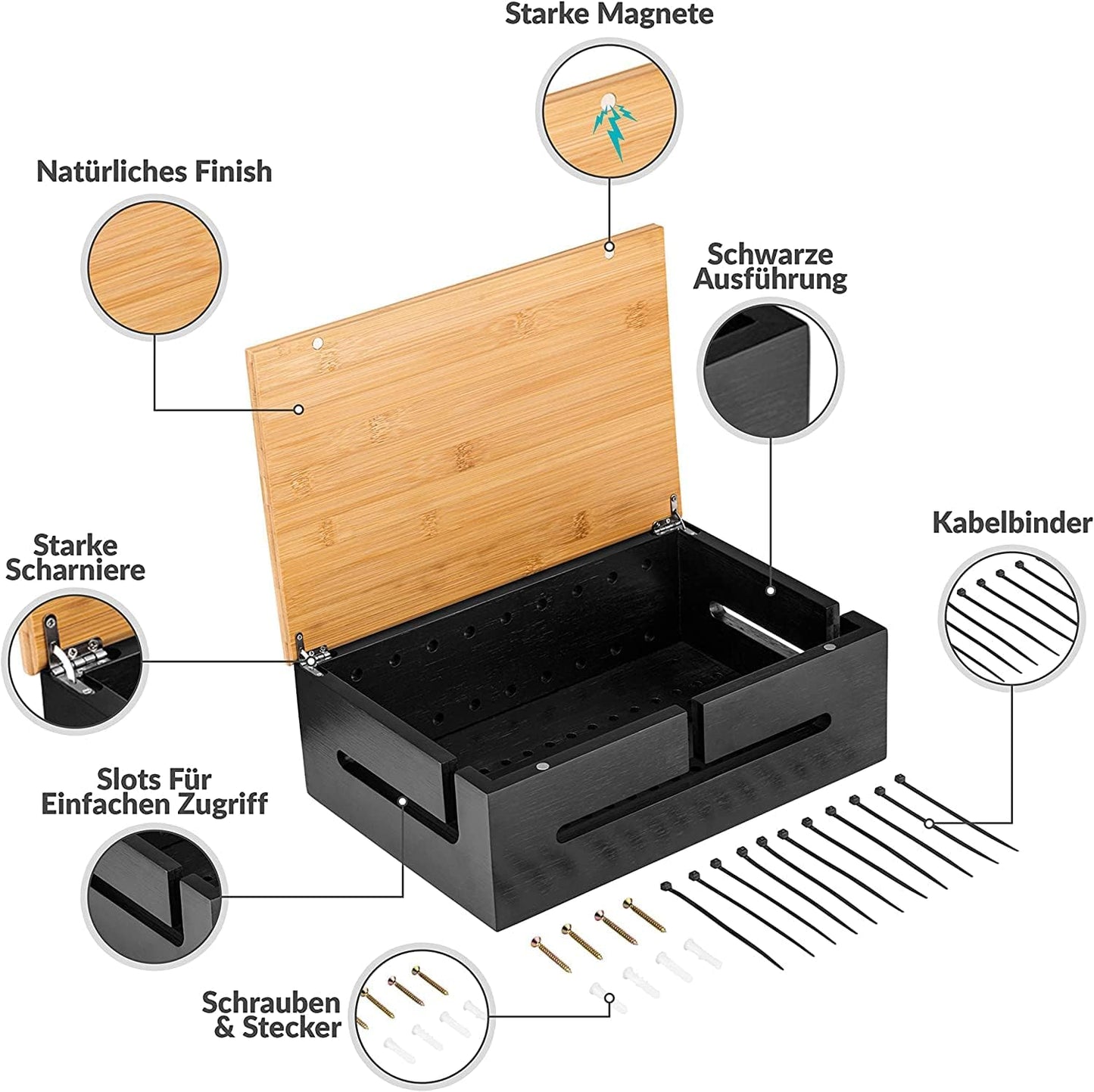 Bamboo Cable Management Box with Magnetic Lid & Ties - Elegant, Durable Cable Organizer to Hide Cords & Power Strip - Wall Mountable Box Hider for Home, Office, Desk & More (White)