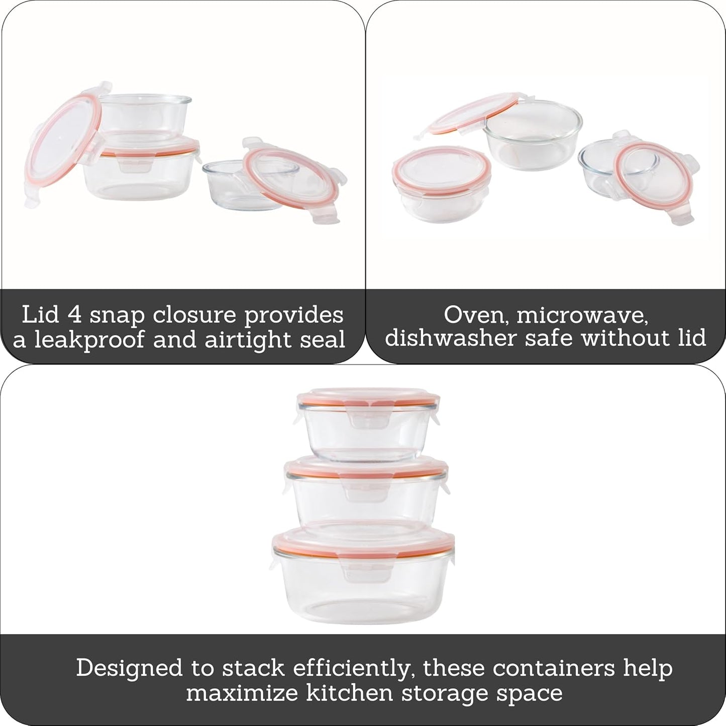 IMUSA Glass Food Storage Containers with Lids 6-Piece Set, Borosilicate Meal Prep Containers with Silicone Seal, Leakproof, Airtight, Freezer, Oven & Microwave Safe