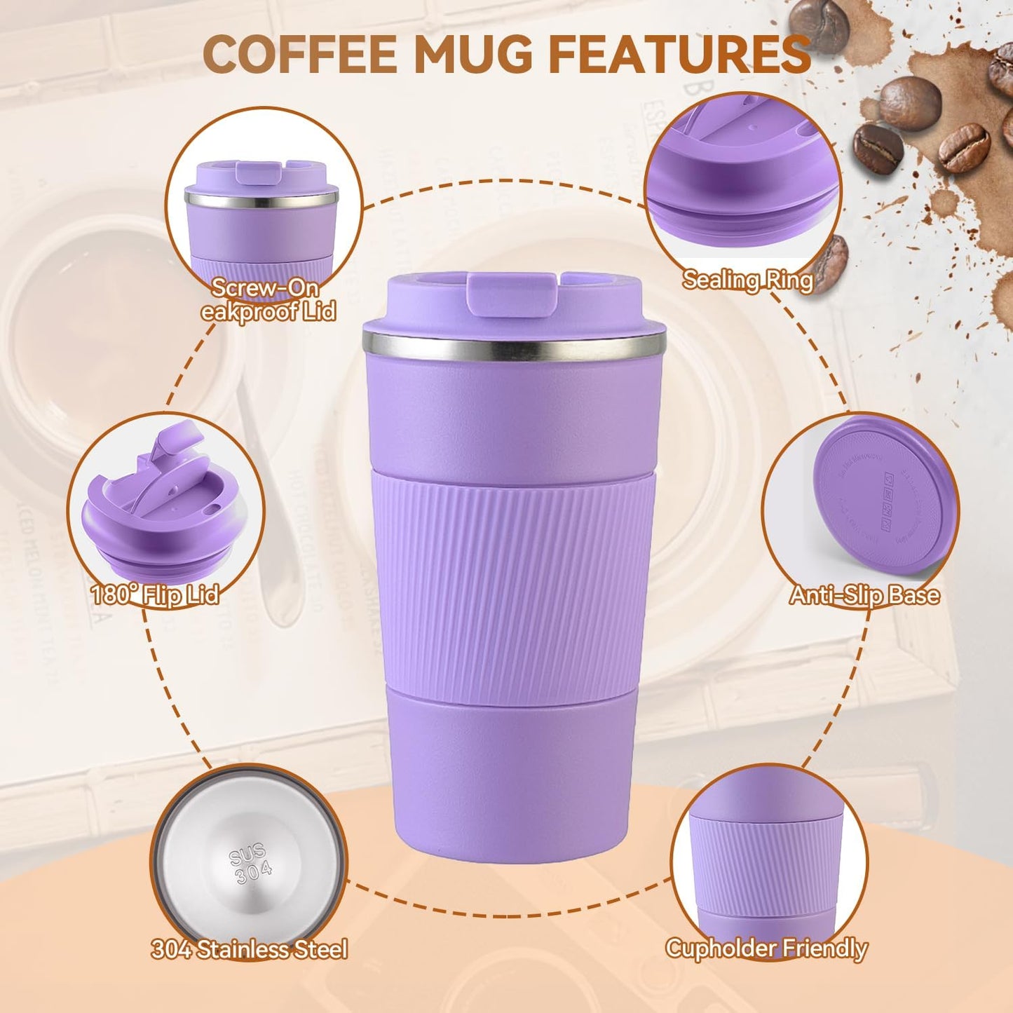 17OZ Travel Coffee Mug Insulated Coffee Cup with Spill Leak Proof Lid, Portable Stainless Steel Tumbler Reusable Hot and Cold Water Mug for Car, Daily, Camping- Purple
