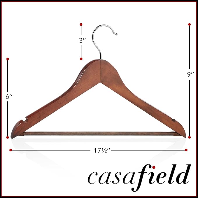 Casafield - 40 Walnut Wooden Suit Hangers - Premium Lotus Wood with Notches & Chrome Swivel Hook for Dress Clothes, Coats, Jackets, Pants, Shirts, Skirts