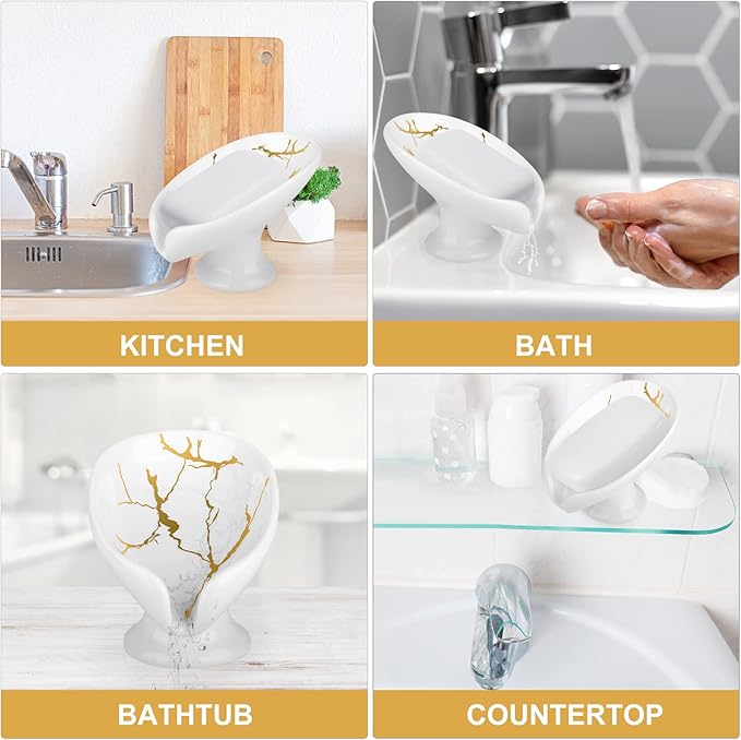 Soap Dish for Shower Ceramic Soap Holder Self Draining Leaf Shape Bar Soap Tray, Marble Pattern White Drain Soap Dish Holder for Bathroom,Easy Cleaning Keep Soap Dry