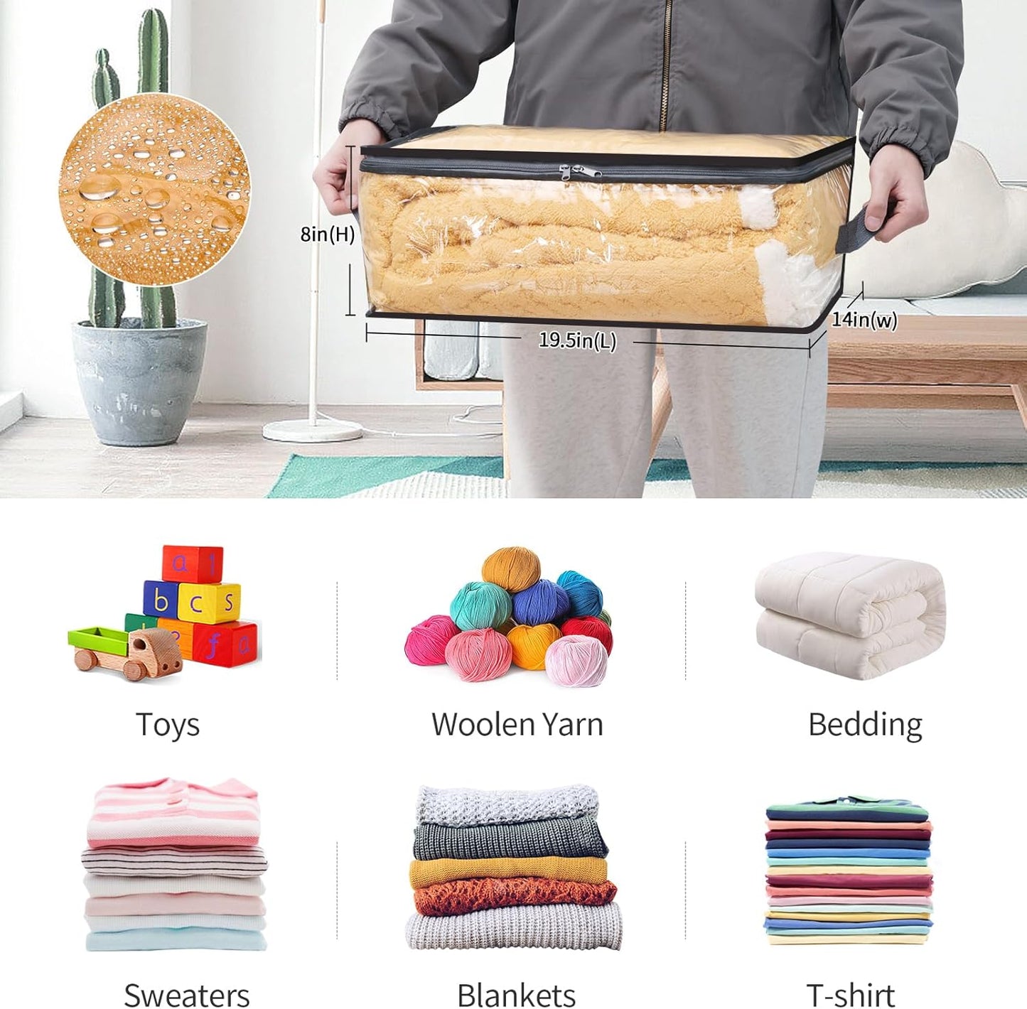 Fixwal 4pcs Clear Storage Bags for Clothes with Zipper, 35L/9.5Gal Small Plastic Closet Organizers for Blankets Sweaters Bed Sheets Comforters Toys