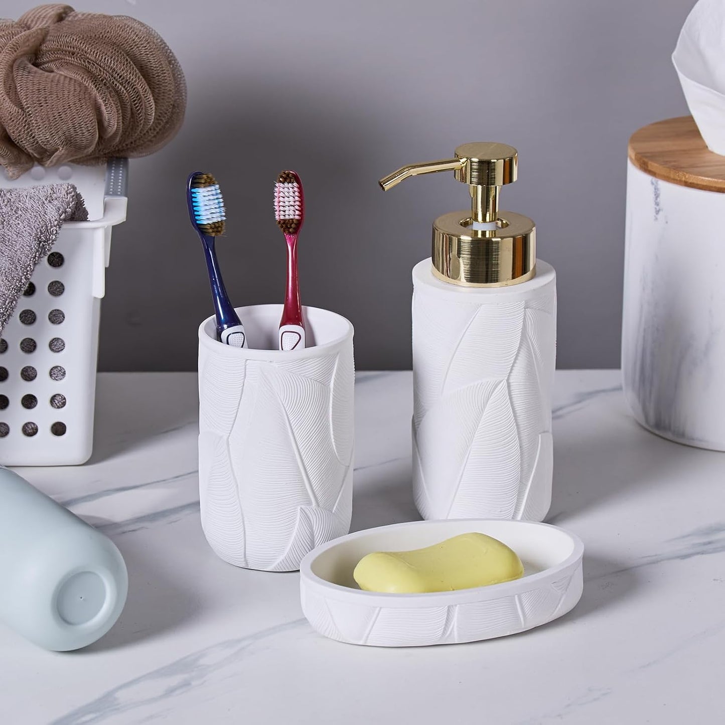 Tropical Leaves Carved Bathroom Accessories Set 3 Pcs for Countertop - Toothbrush Holder Cup, Foaming Soap Dispenser, Soap Dish - Modern Bathroom Décor Accessory Set for Housewarming Gift (White)