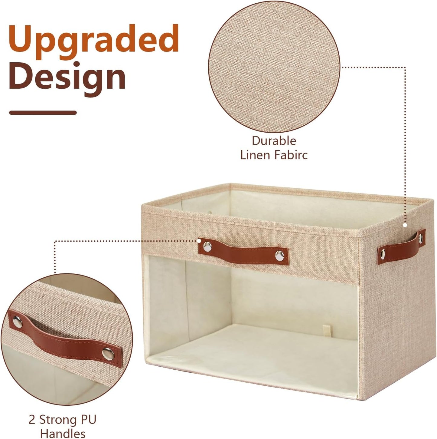 Large Storage Baskets with Clear Window, See Through Closet Organizer with PU Handles, Linen Foldable Storage Bins for Organizing Clothes, Toys, Books (Khaki)