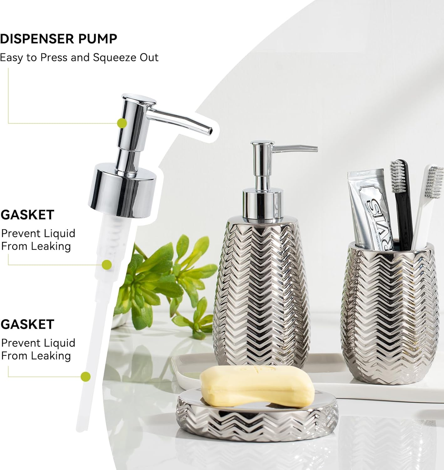 Silver Bathroom Accessories Set 3 Piece, Soap Dispenser, Toothbrush Holder and Soap Dish, Wave Design Stylish Elegant Ceramic Bathroom Decor