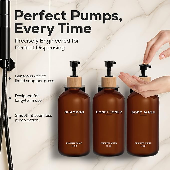Amber Shampoo and Conditioner Dispenser Set Wall Mounted by Brighter Barns - Refillable Shampoo Dispenser for Shower Wall 3 Chamber No Drill - Plastic Shower Bottles for Guest Bathroom, Hotel (Amber)