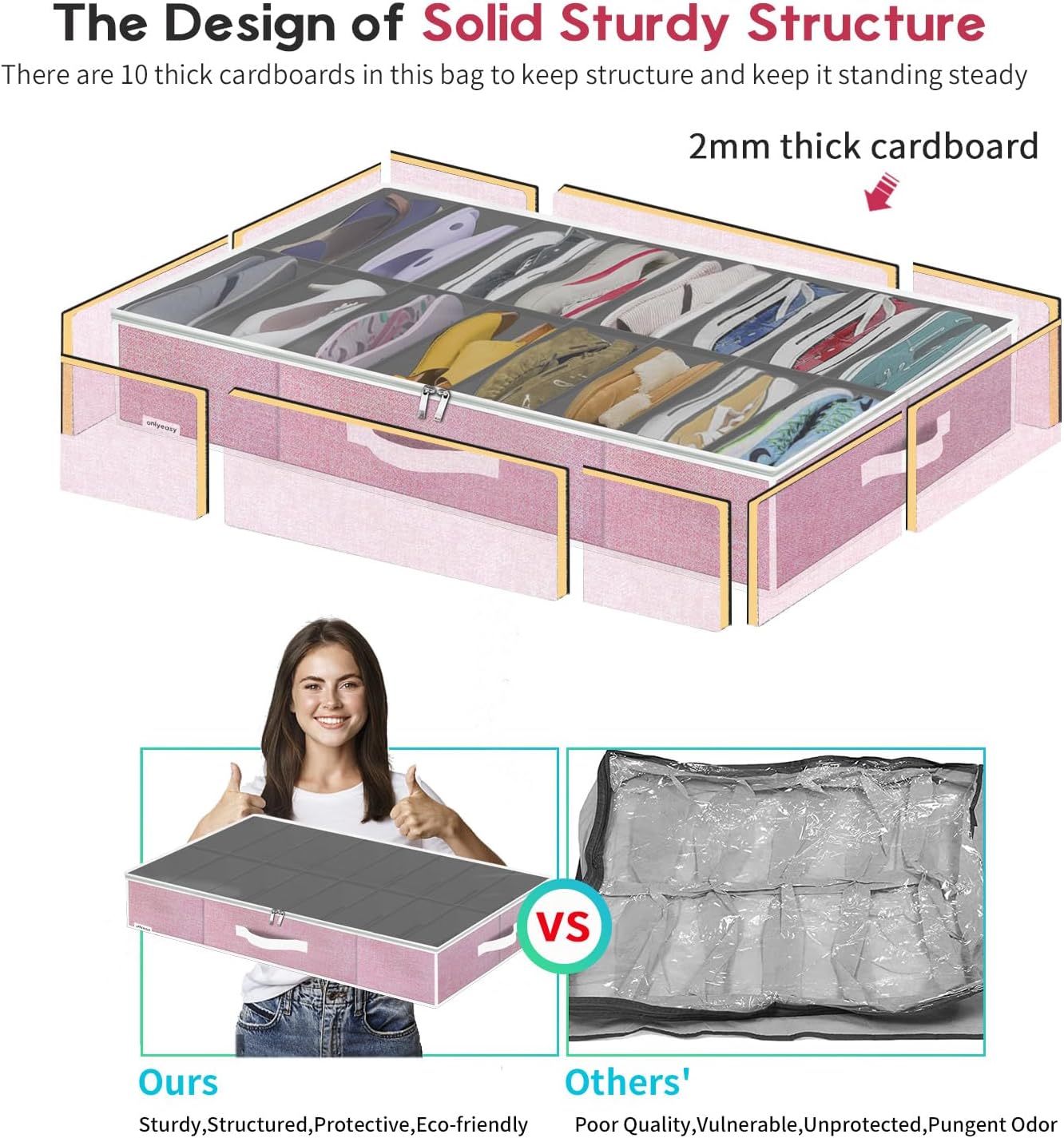 Onlyeasy Large Under Bed Shoe Organizer Container Box, Set of 2, Fit 16 to 32 Pairs of shoes, Underbed Shoes Closet Storage Solution, L37.7x W23.6x H5.9 inch, Cotton-like Pink, MXPUBS16P2