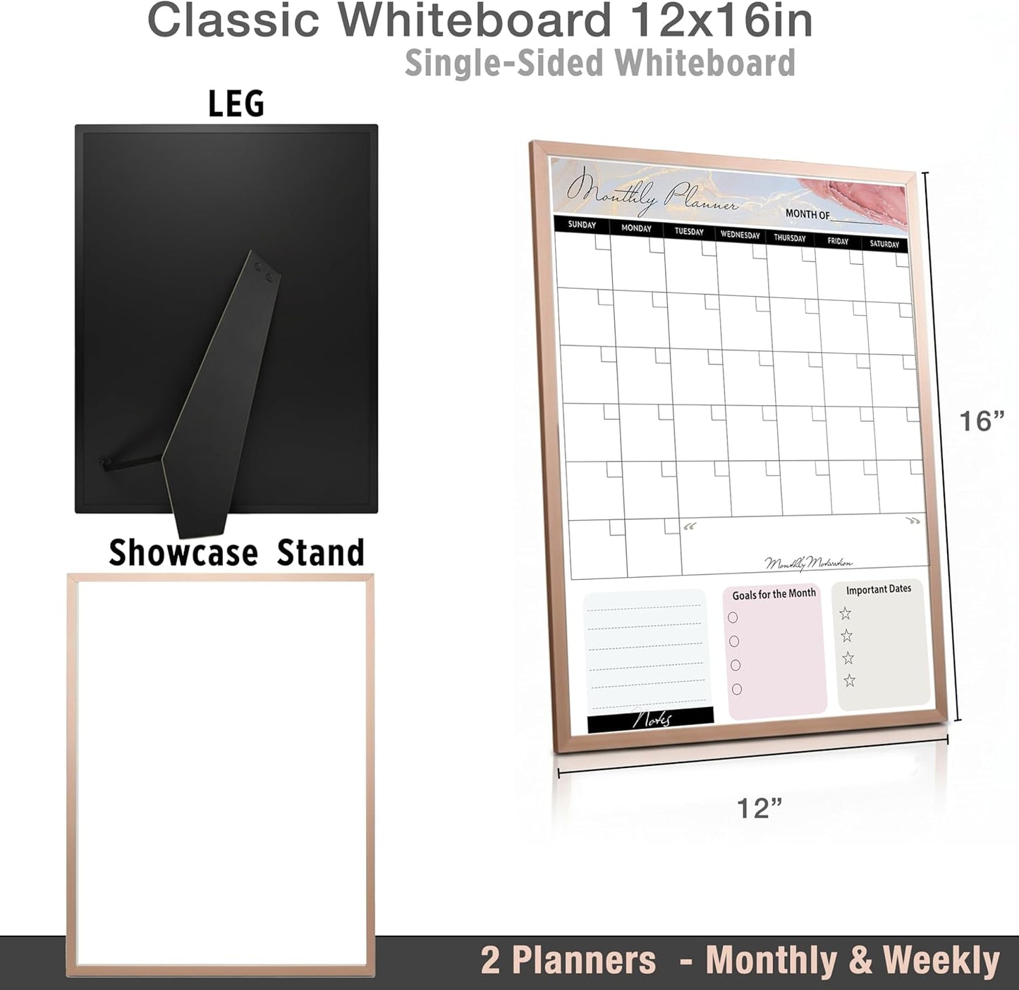 Small Whiteboard 12 x 16 Inch Magnetic Dry Erase Board with Stand & Wall Mount | Rose Gold Aluminum Frame | Planner Board with Weekly & Monthly Sheets | 3 Markers, Eraser & 2 Magnets
