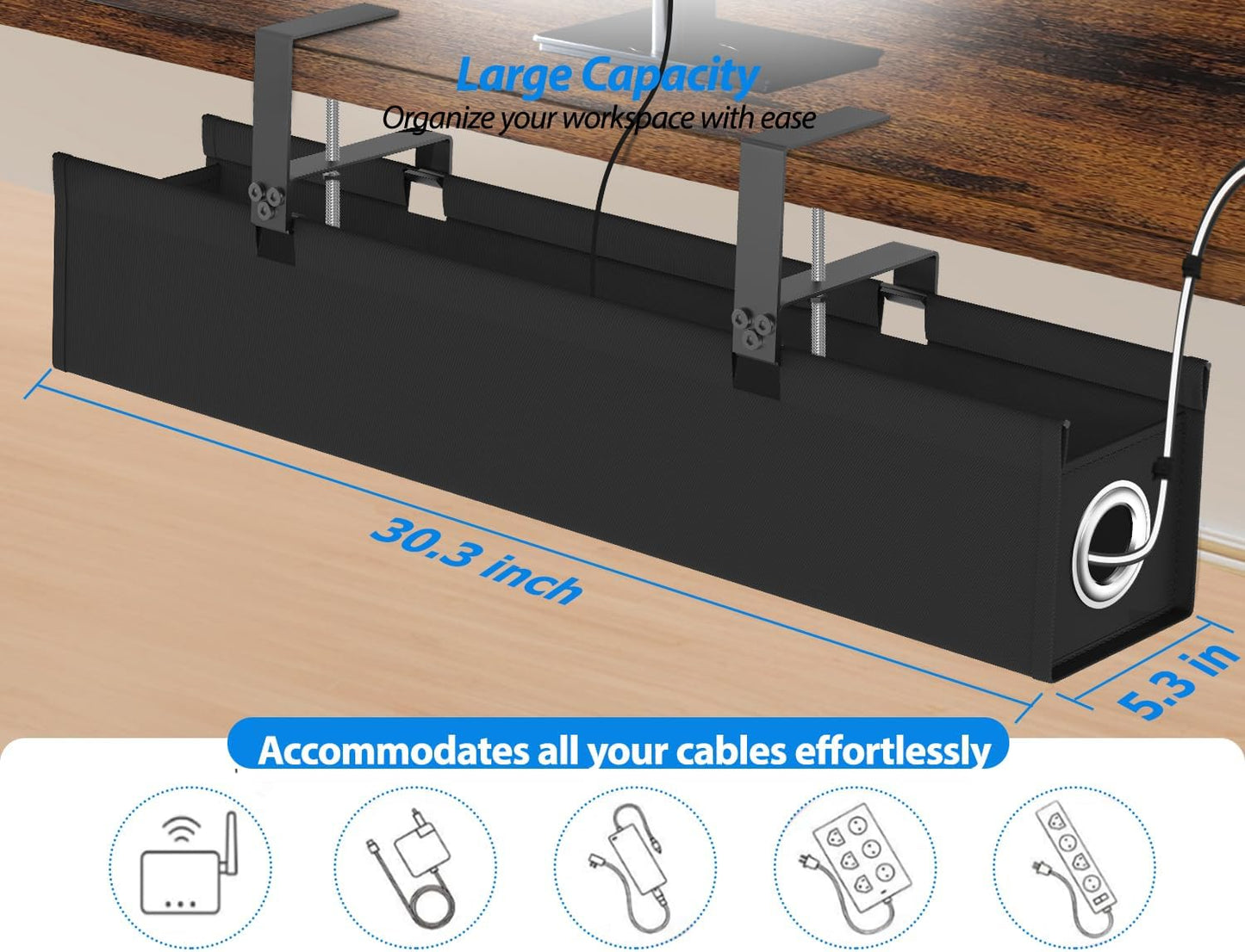 Under Desk Cable Management Tray No Drill, 30 Inch Cord Organizer with Oxford Fabric, Clamp Mount, Holds 30 lbs, Large Cable Rack for Gaming & Home Office Standing Desk
