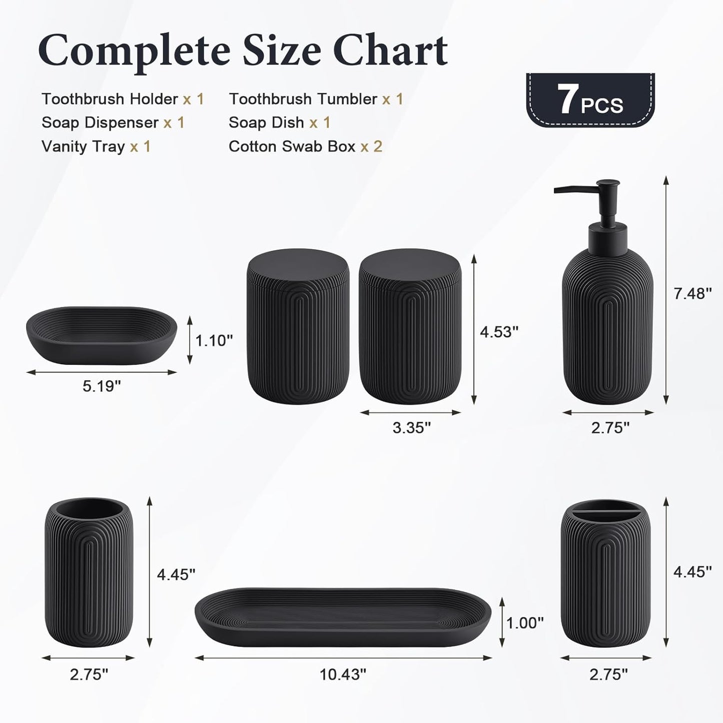 Bathroom Accessories Set - 7-Piece Resin Bathroom Set, Toothbrush Holders Set, Soap Dispenser, Qtip Holder Dispenser, Tumbler, Soap Dish & Tray, Modern Bath Decor for Home Dorm Hotel (Black)