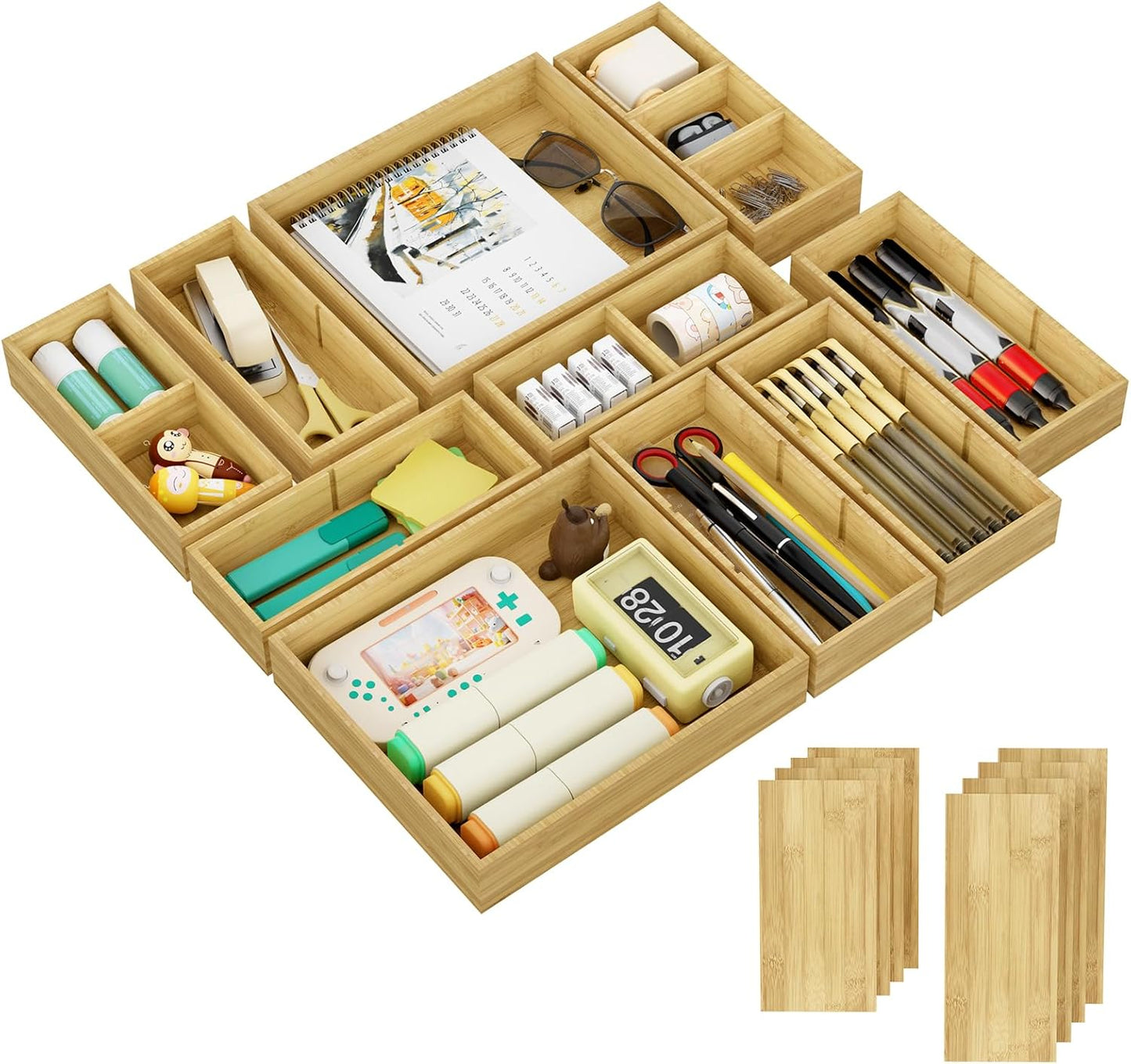 SpaceWhisper Bamboo Drawer Organizer, 10-Piece Drawer Divider with Removable Dividers for Organization and Storage, Multi-Use Stackable Storage Box & Utensil Holder for Kitchen, Office, Makeup & More