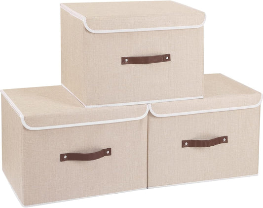 Yawinhe Collapsible Storage Boxes, Linen Fabric Baskets, Bin with lid and Leather Handle, Washable, for Home, Closet, Beige, 15.0''Lx9.8''Wx9.8''H, 3-Pack, USNK024BEL-3