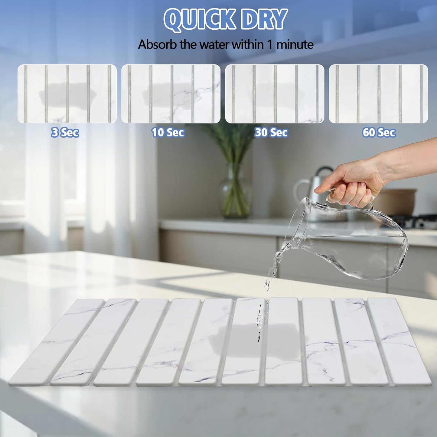 Stone Dish Drying Mat for Kitchen Counter, 24×16" Diatomaceous Earth Drying Stone Mat, Foldable Quick Dry Kitchen Stone Mat for Countertops, Bathroom, Sink & Home Decor, Marble