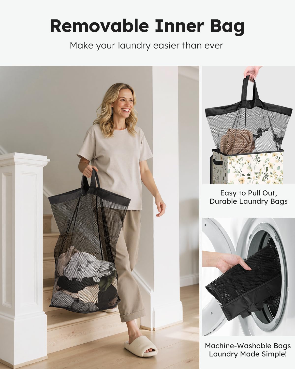 SOLEDI Laundry Hamper with Lid, 90L Tall & Large Floral Laundry Basket, Collapsible Clothes Hamper with Removable Bag, Dirty Hampers for Bedroom, Bathroom, Laundry Room