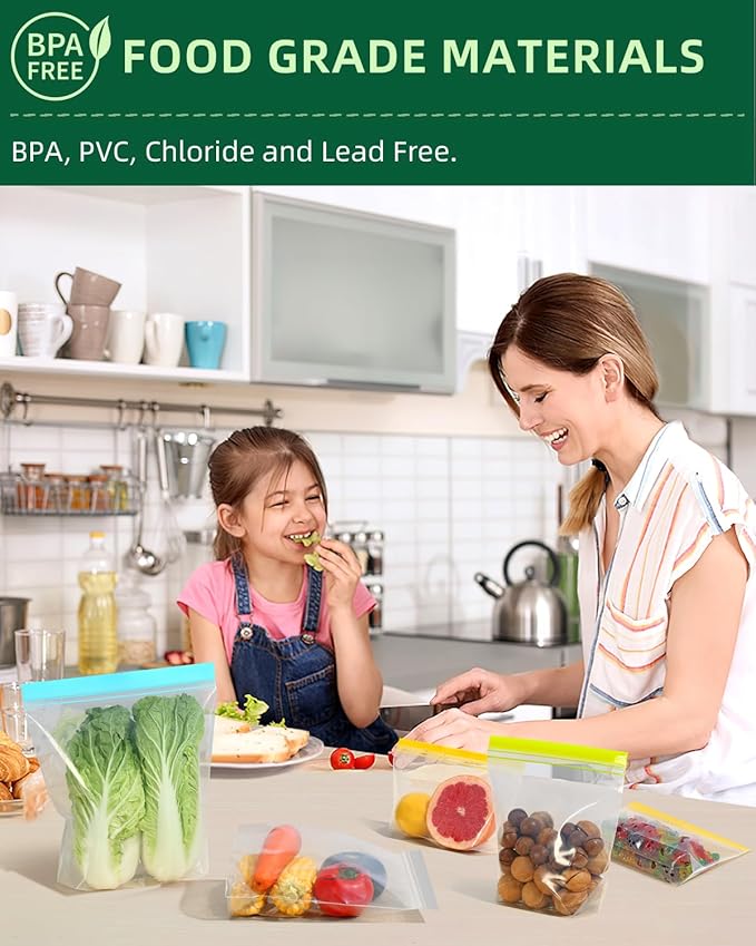 Lerine 12 Pack Reusable Gallon Freezer Bags Dishwasher Microwave Safe, Stand Up Reusable Freezer Bags 1 Gallon BPA Free, Leakproof Food Storage Bags for Kitchen Organization (Blue Gray, 12Gallon)